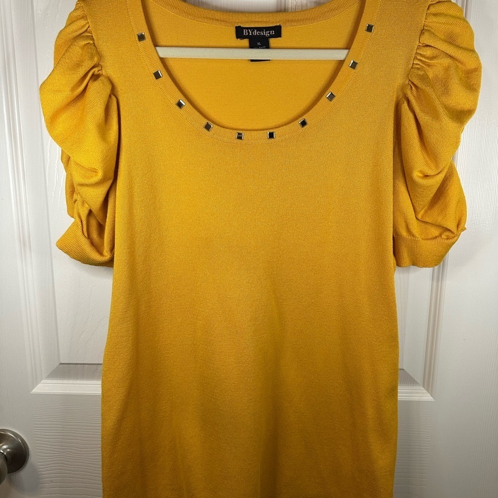BYdesign Mustard Gold Puff Sleeve Studded Scoop Neck Knit Top XL - Picture 2 of 11